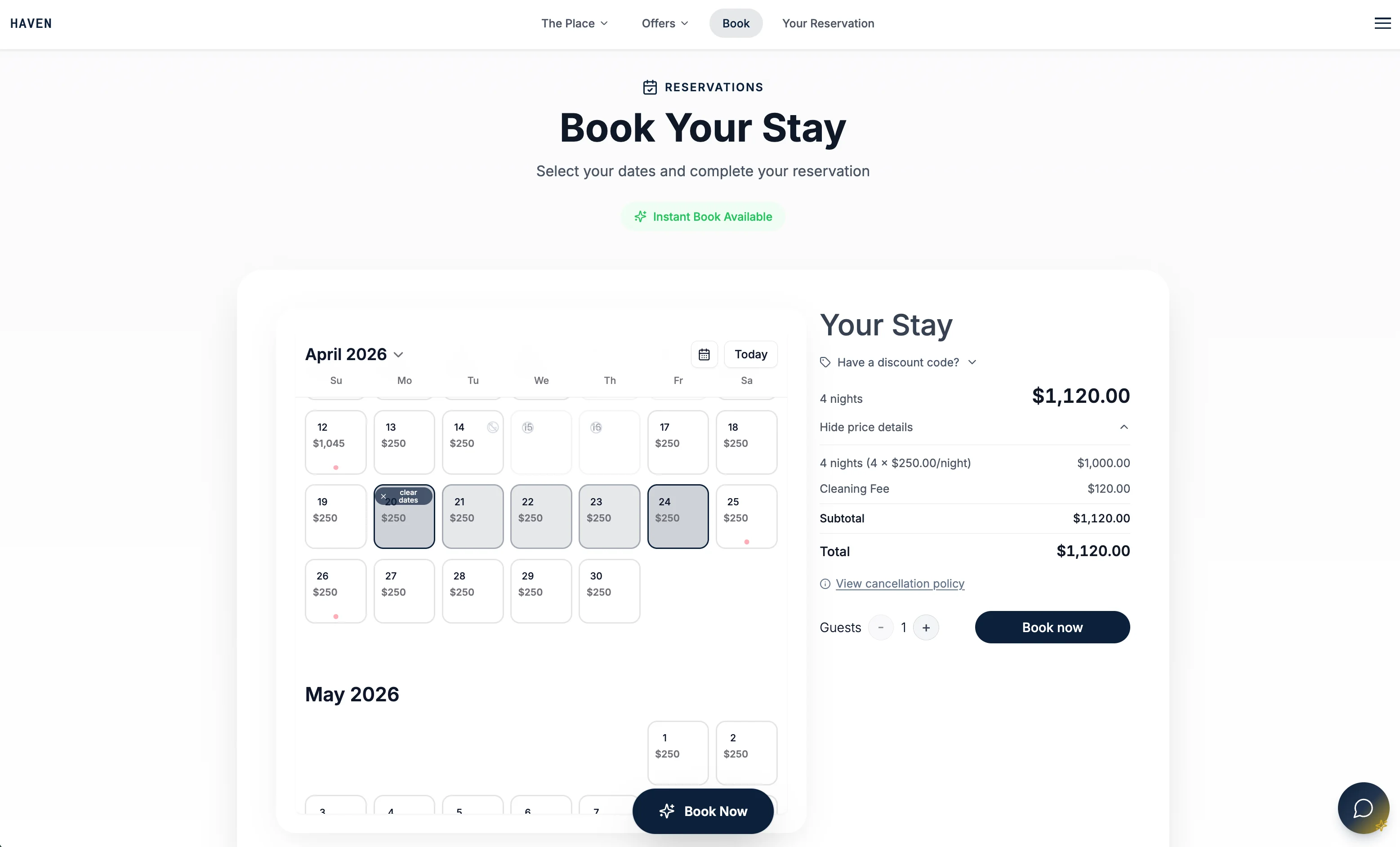 Guest checkout showing selected dates and the price summary before payment