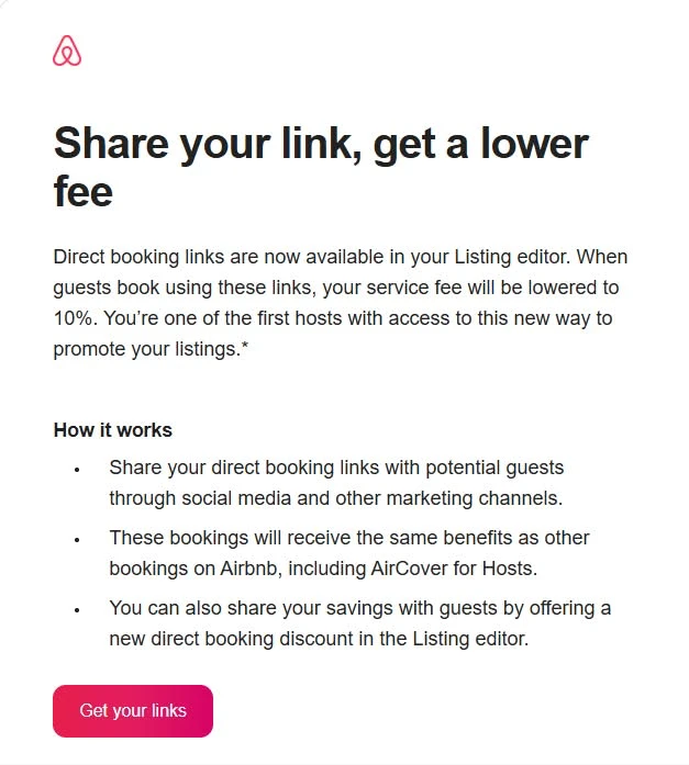 Airbnb email offering participating hosts a 10% service fee on bookings made through a direct booking link