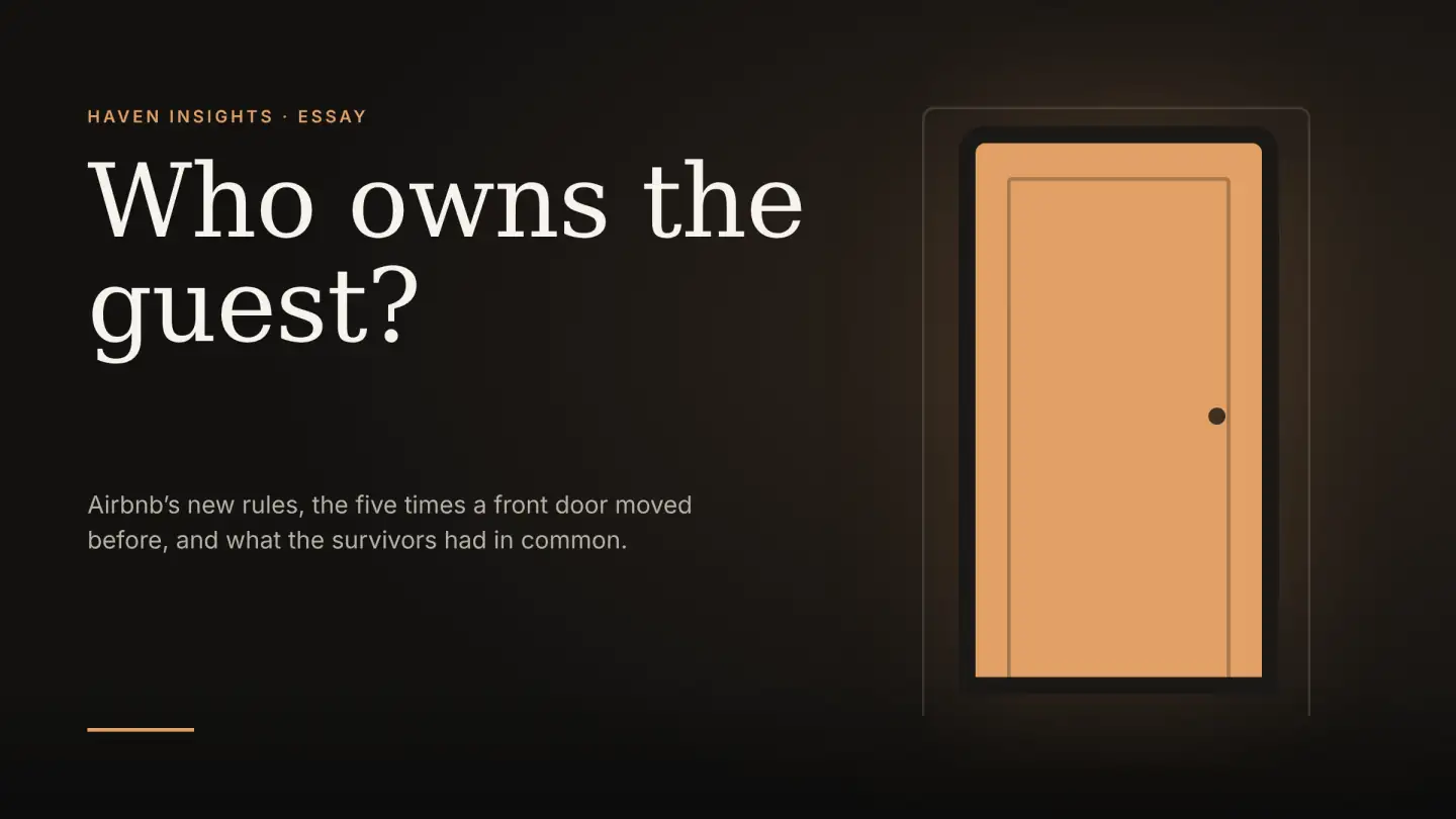 Who owns the guest? An amber door on a dark background beside the essay title.